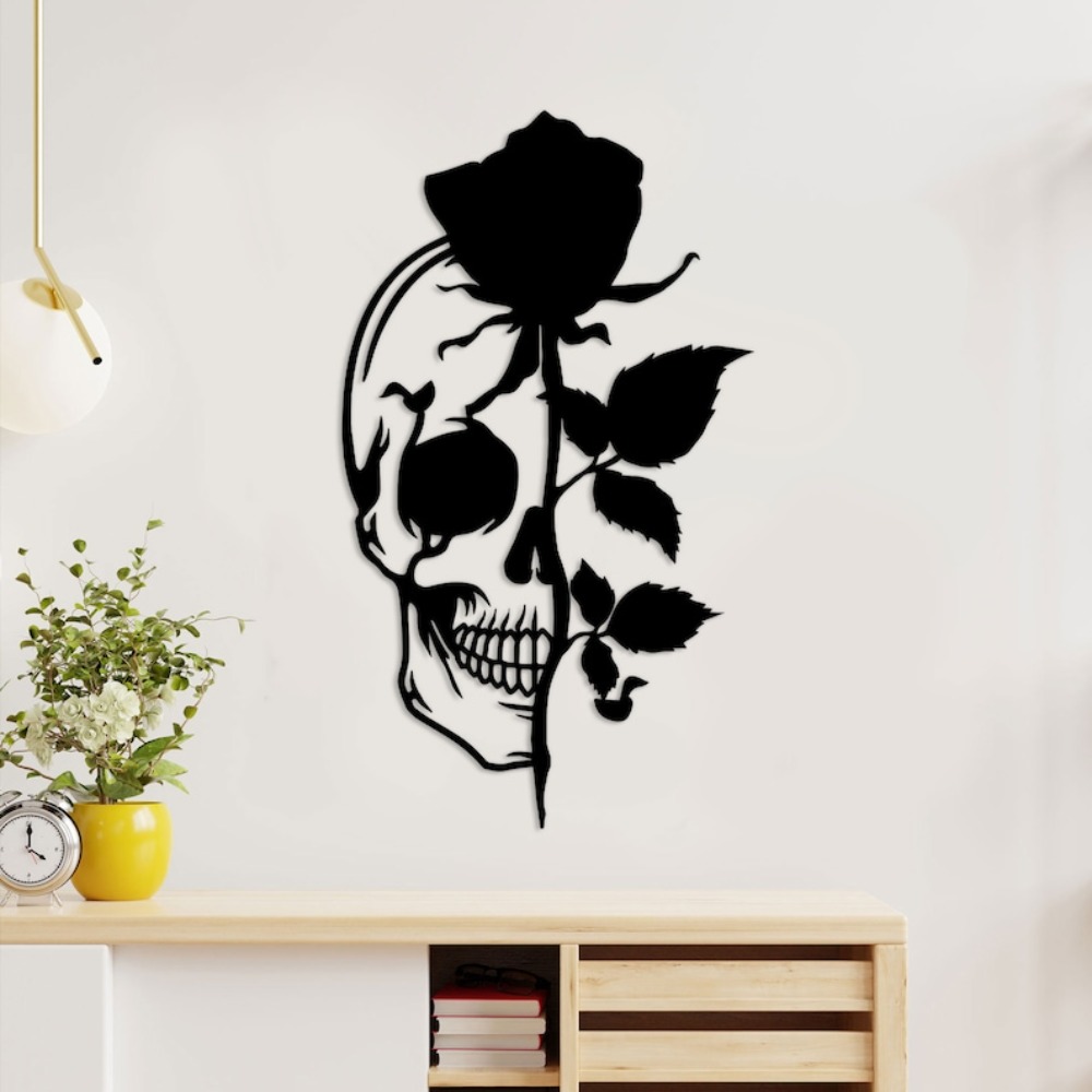 Skull with Rose Metal Wall Art - Halloween Skeleton Decoration 评论和价格