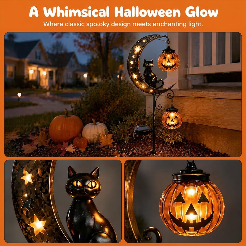 Solar Halloween Black Cat & Pu - Halloween Pumpkin Decor Led 评论和价格
