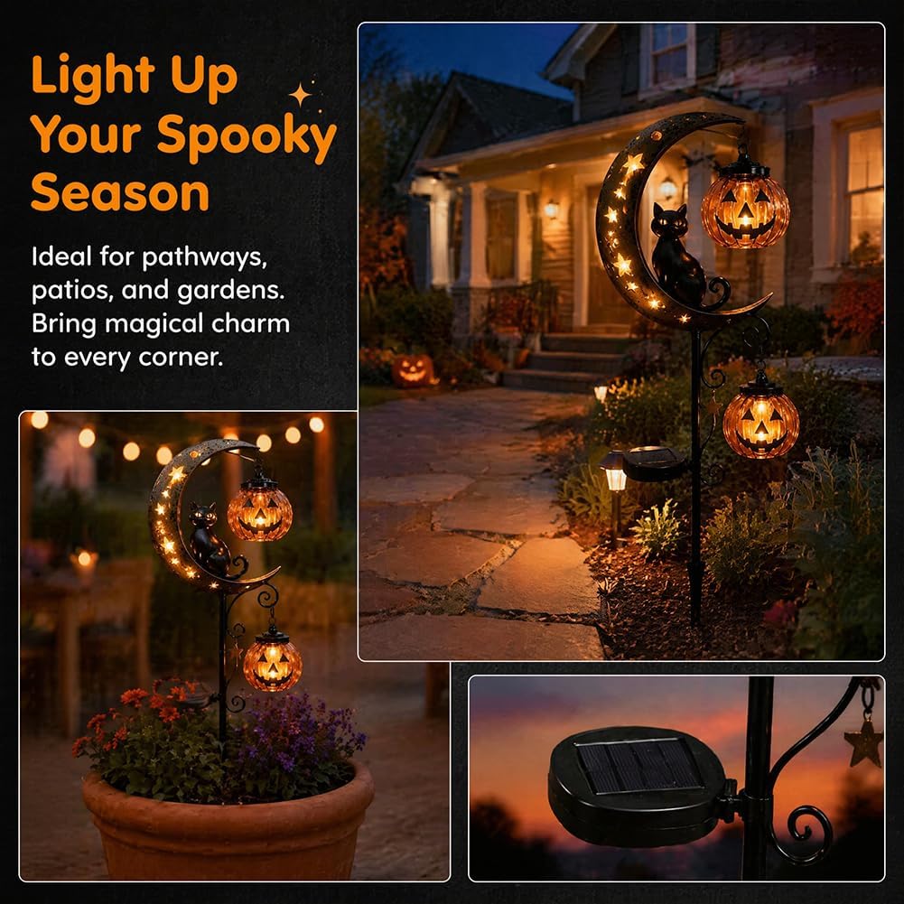 Solar Halloween Black Cat & Pu - Halloween Pumpkin Decor Led 评论和价格