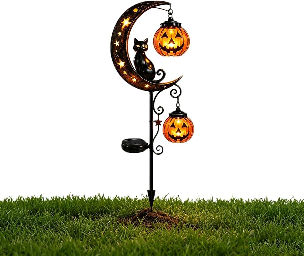 Solar Halloween Black Cat & Pu - Halloween Pumpkin Decor Led 评论和价格
